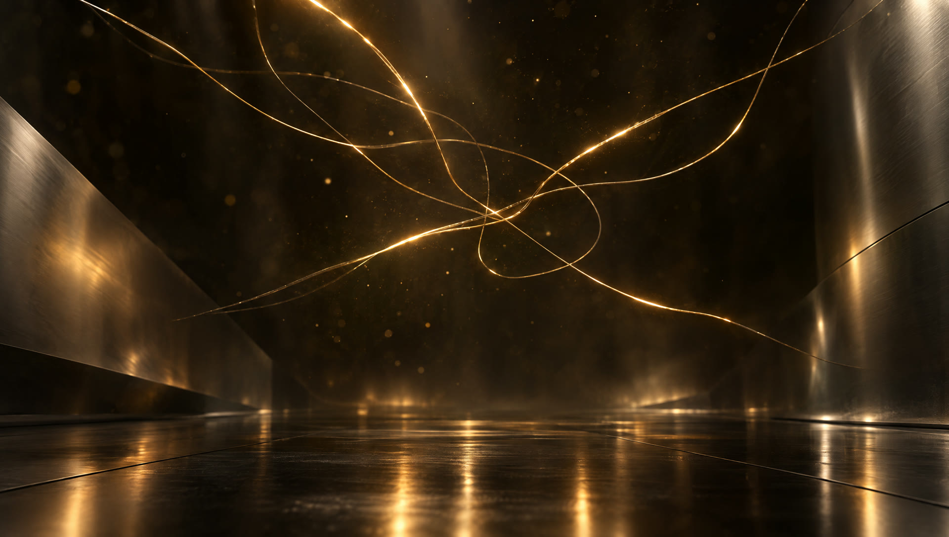 Loose golden threads of light tangled in a dark chrome space